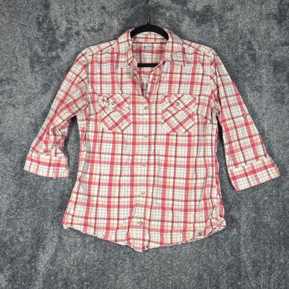 Carhartt Shirt Womens S Pink Plaid Tunic Button-Up Roll Tab Sleeve Cotton